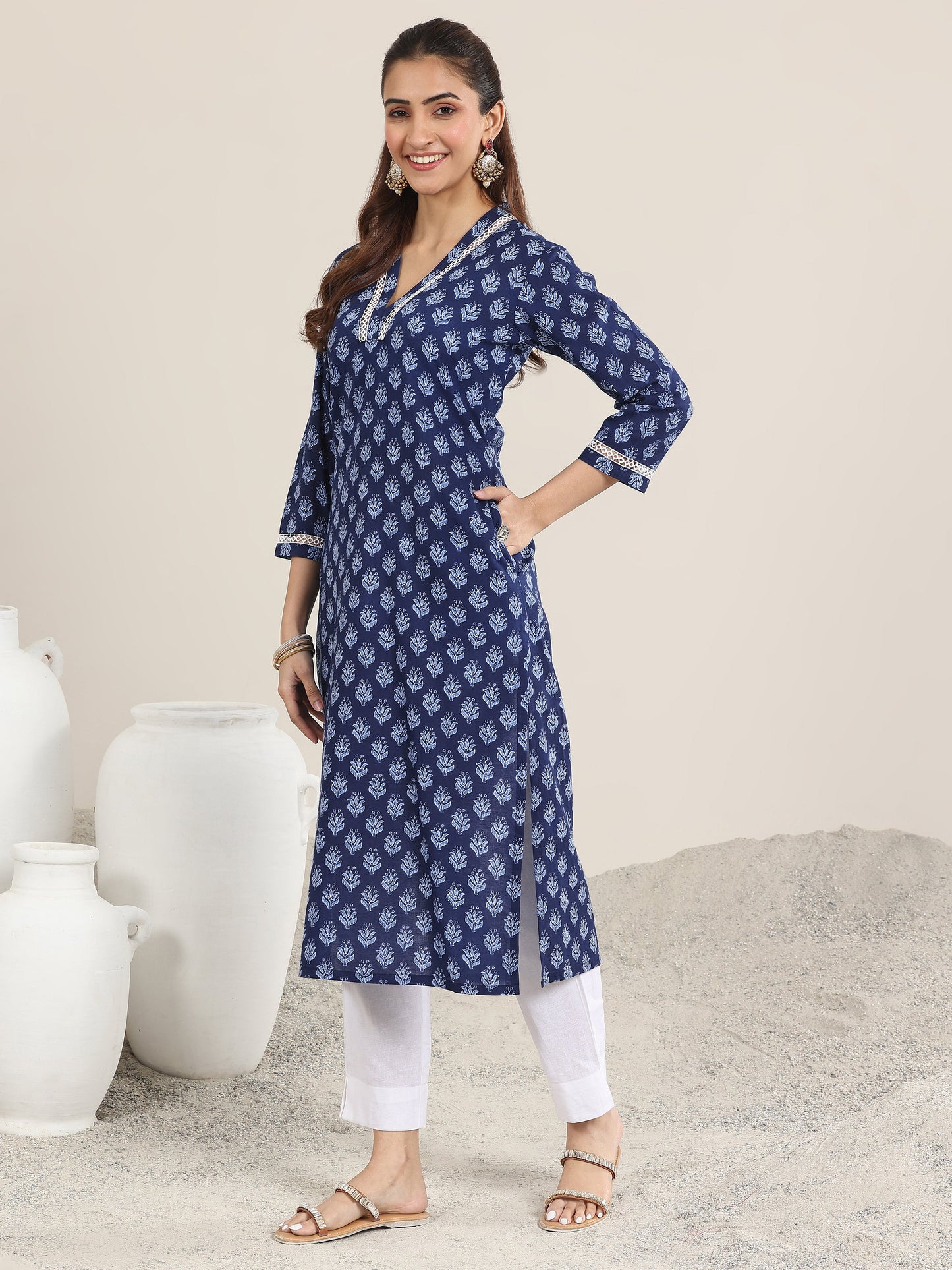 Indigo Printed Cotton Straight Kurta