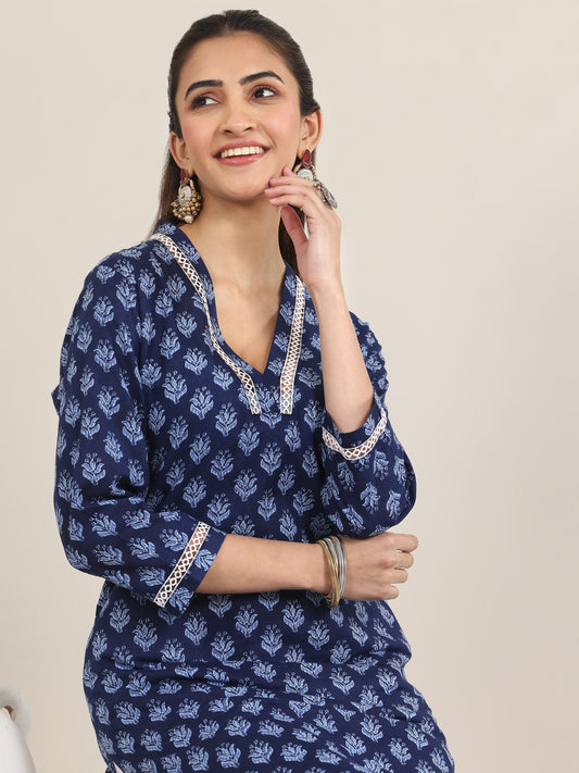 Indigo Printed Cotton Straight Kurta