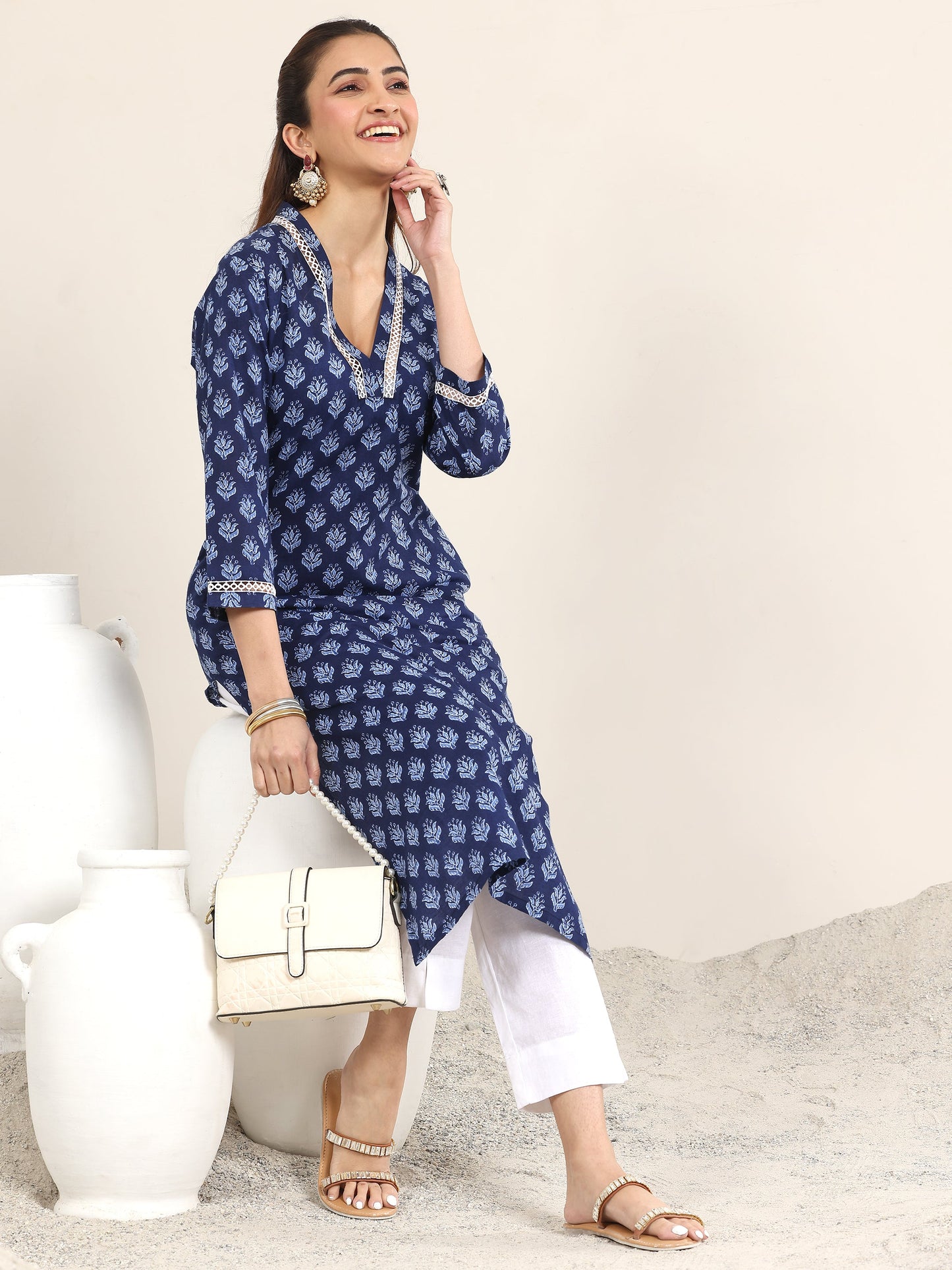 Indigo Printed Cotton Straight Kurta