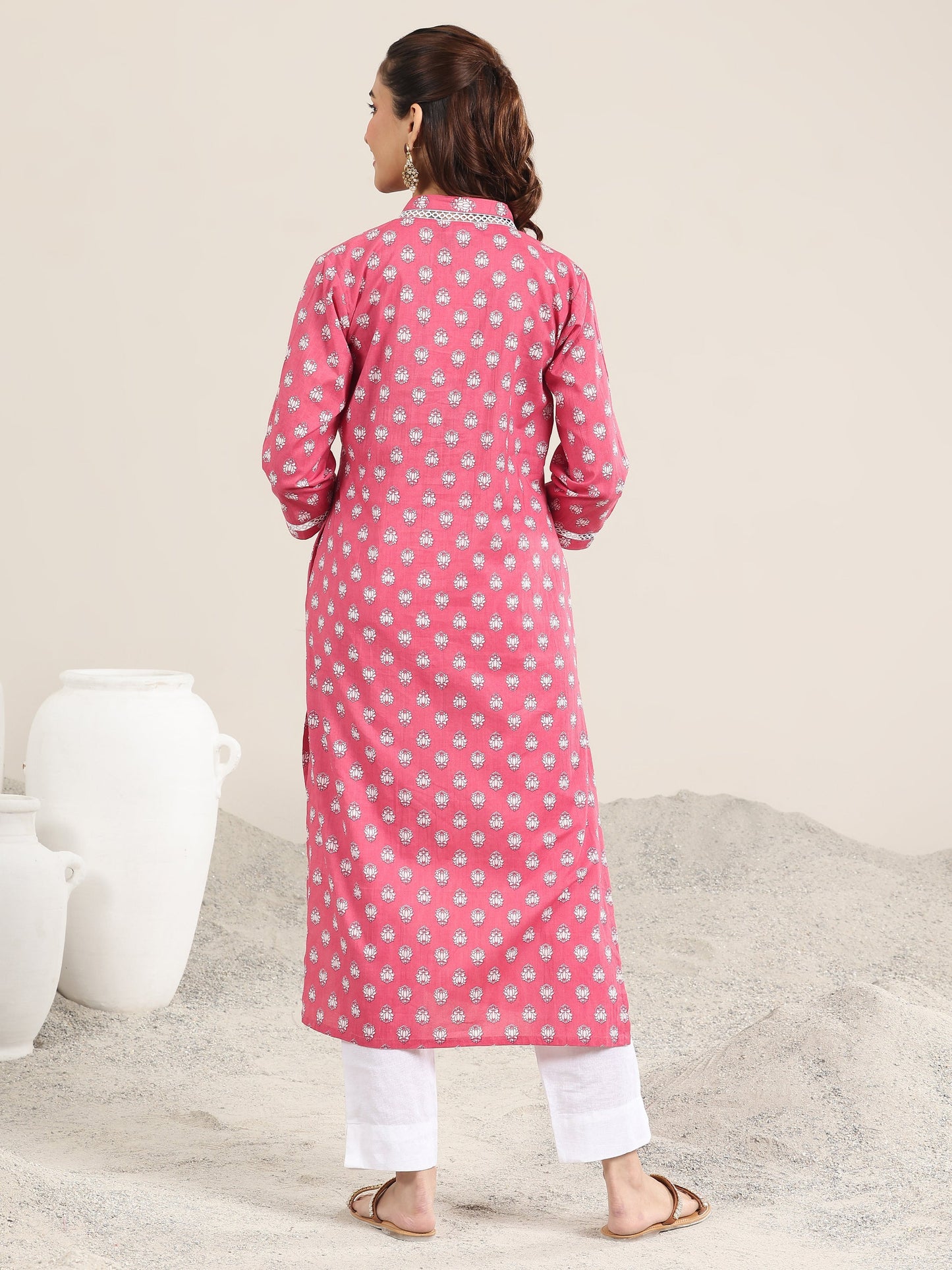 Pink Printed Cotton Straight Kurta