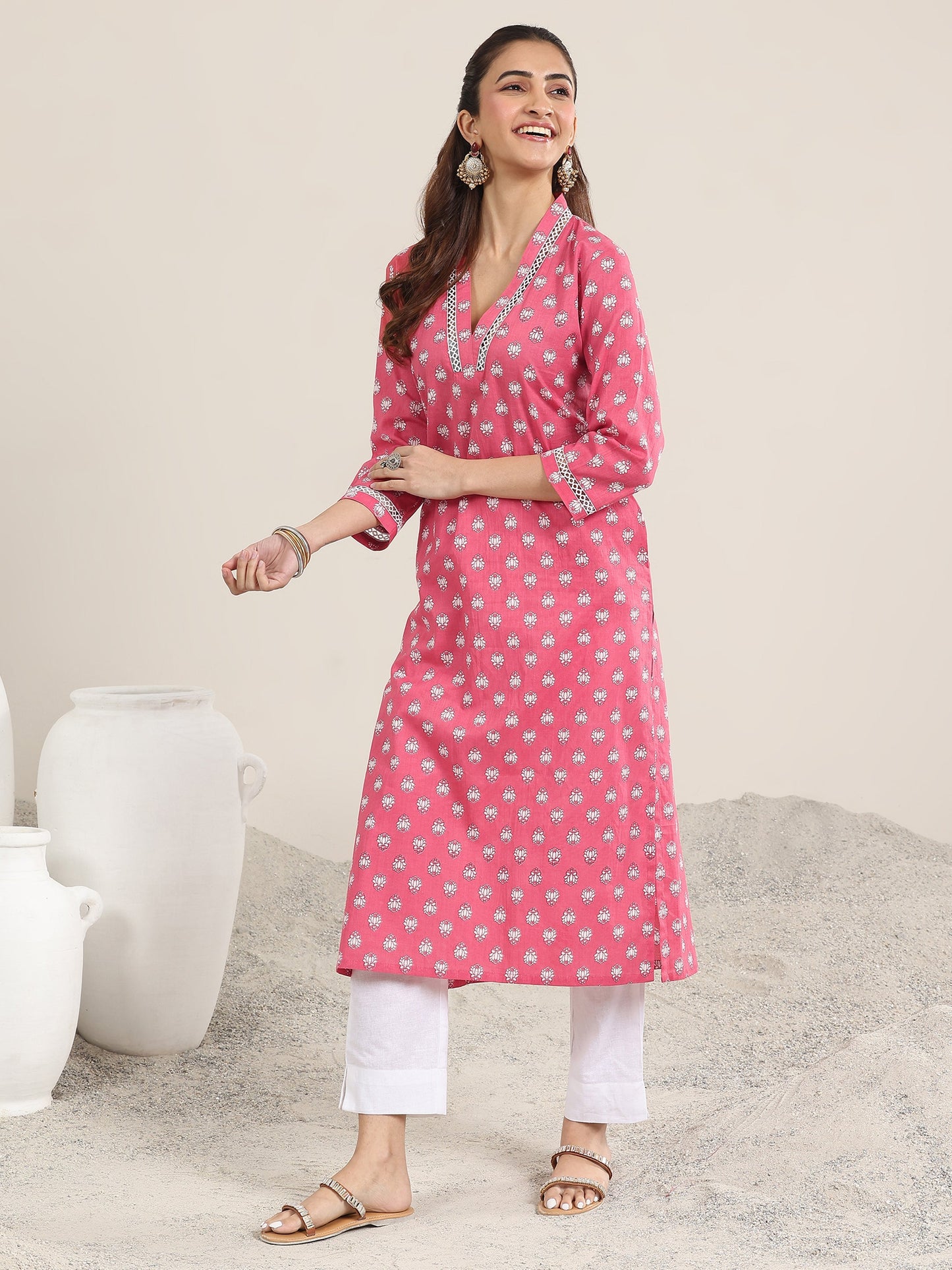 Pink Printed Cotton Straight Kurta