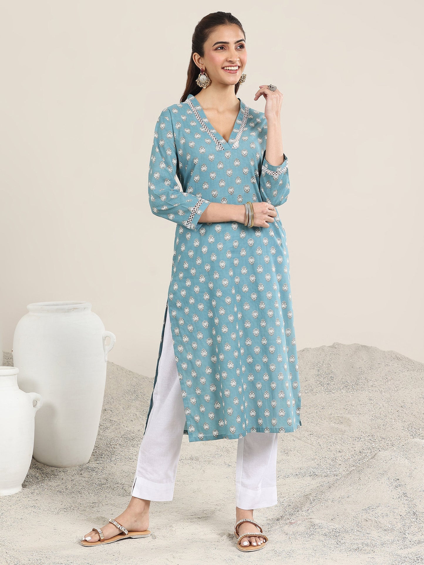 Blue Printed Cotton Straight Kurta