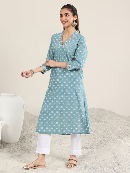 Blue Printed Cotton Straight Kurta