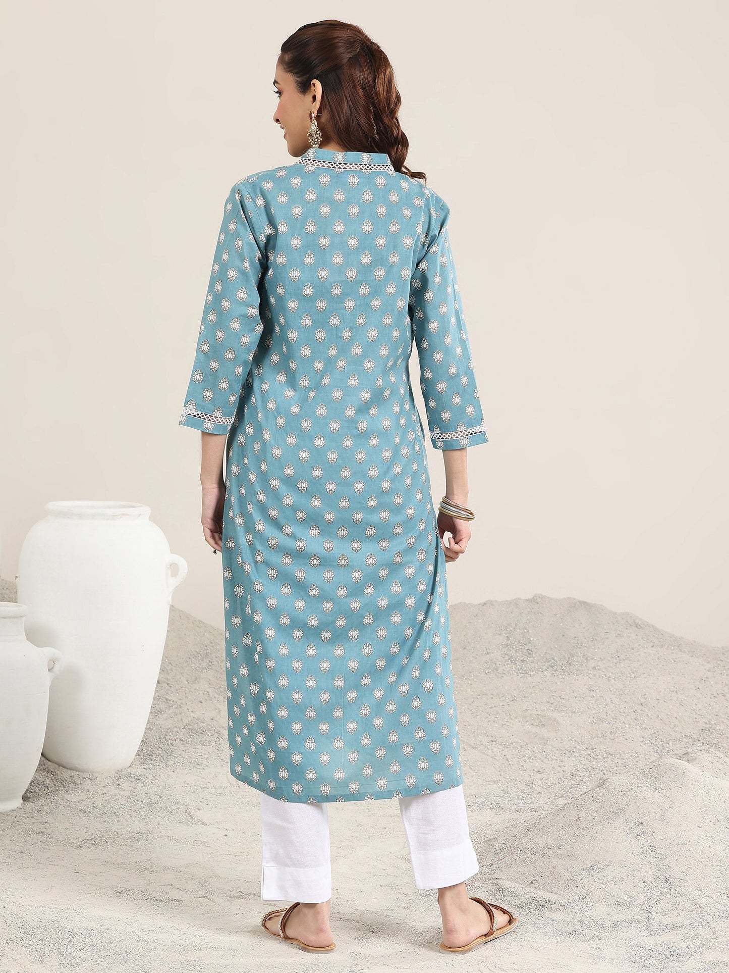 Blue Printed Cotton Straight Kurta