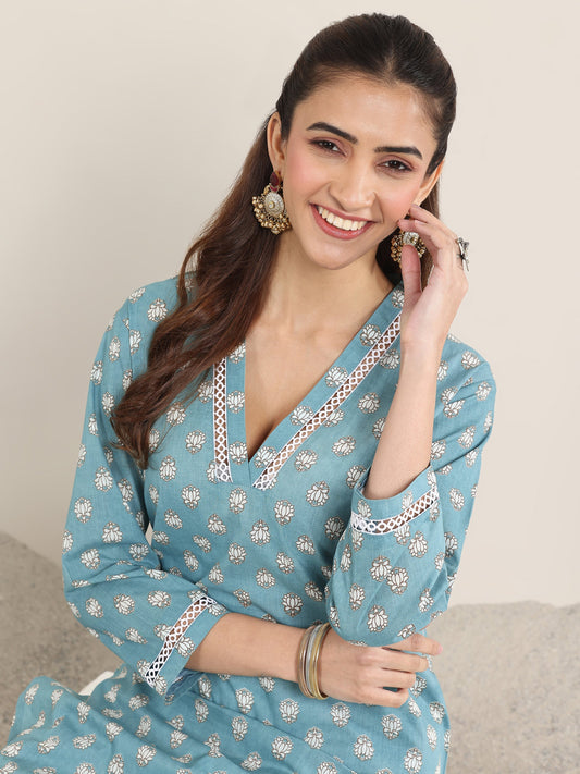 Blue Printed Cotton Straight Kurta