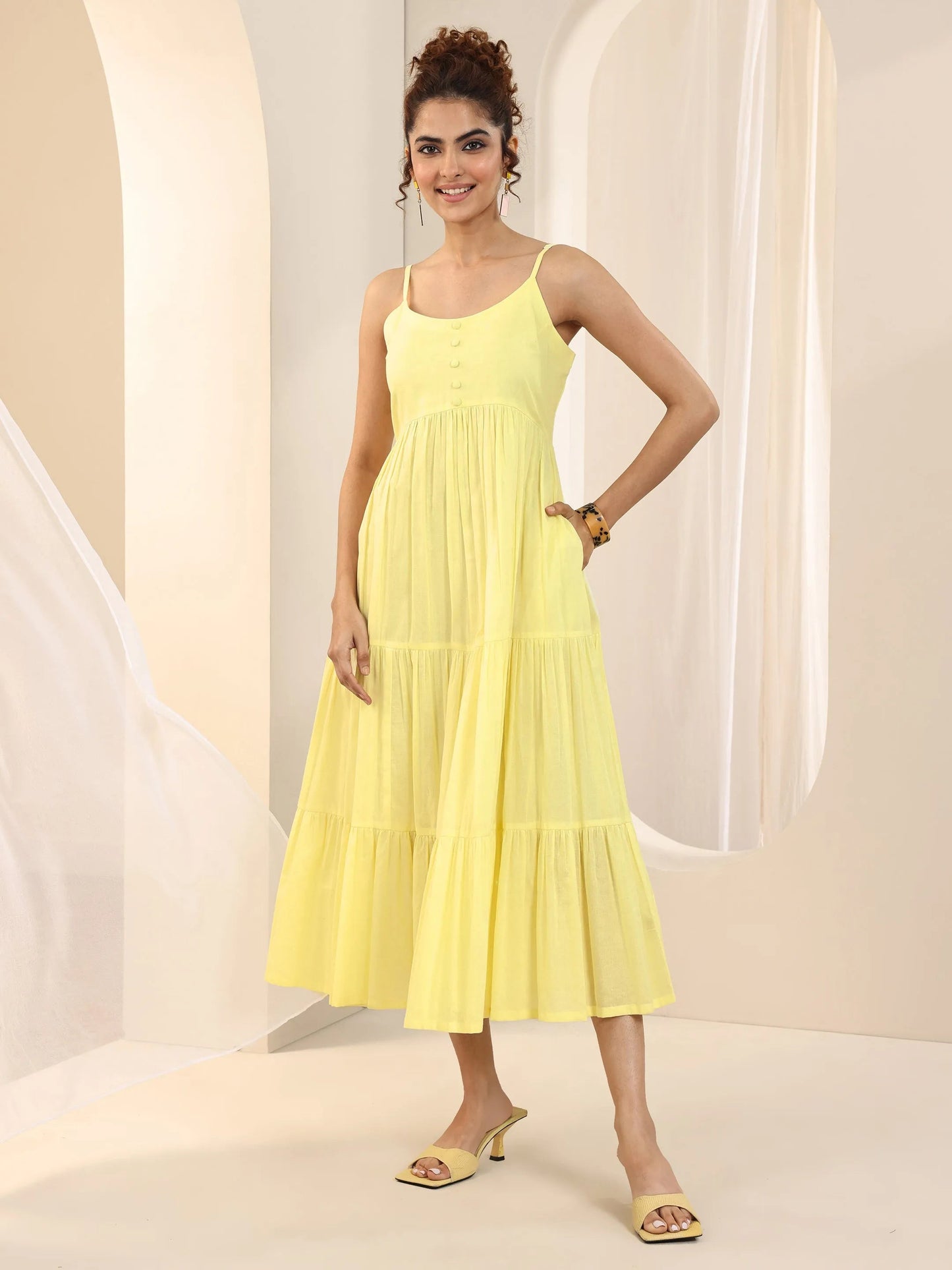 Yellow Solid Cotton Tiered Fit and Flare One Piece Dress