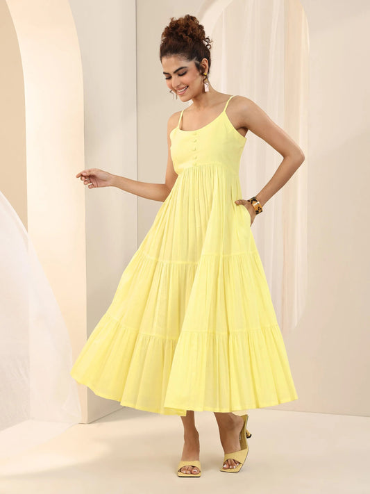 Yellow Solid Cotton Tiered Fit and Flare One Piece Dress