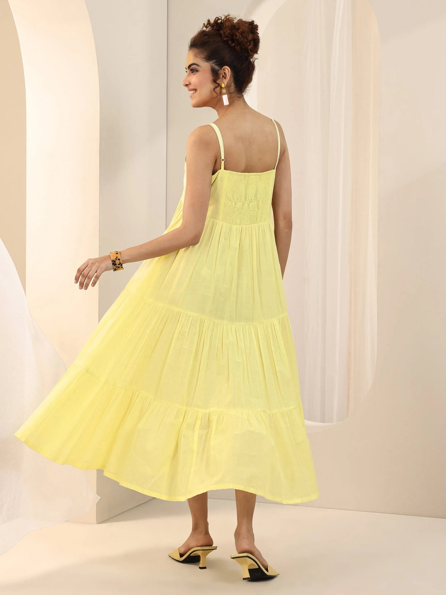 Yellow Solid Cotton Tiered Fit and Flare One Piece Dress