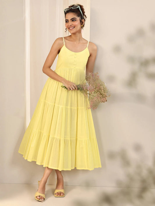 Yellow Solid Cotton Tiered Fit and Flare One Piece Dress