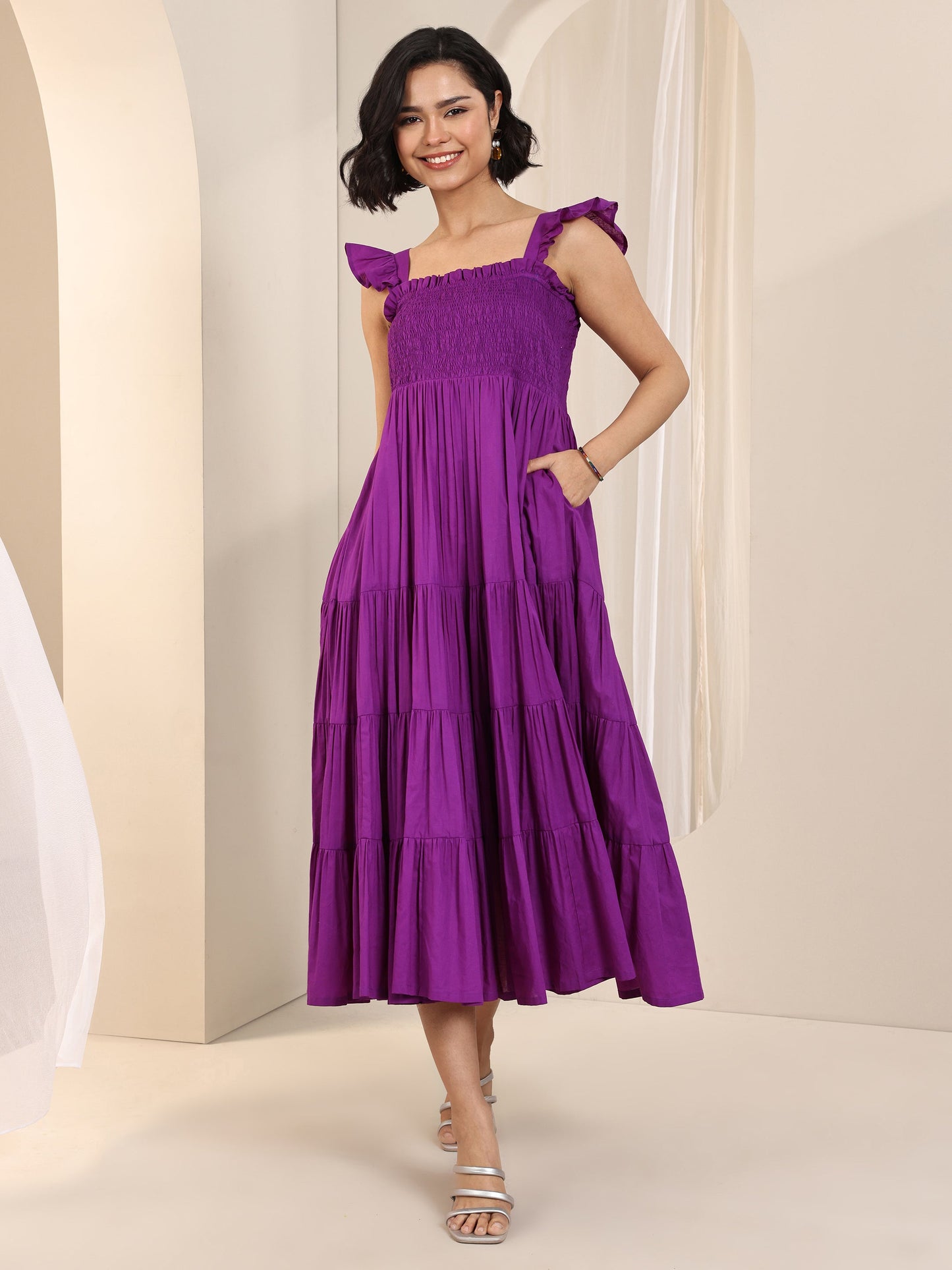 Purple Solid Cotton Fit and Flare One Piece Dress
