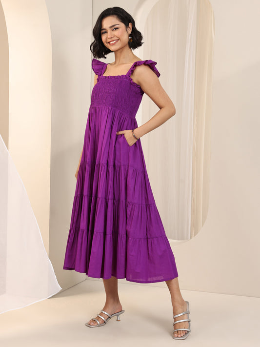 Purple Solid Cotton Fit and Flare One Piece Dress