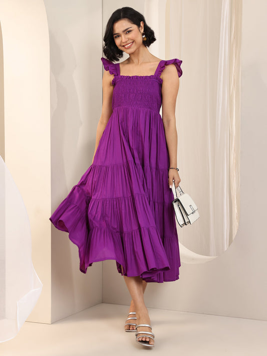 Purple Solid Cotton Fit and Flare One Piece Dress
