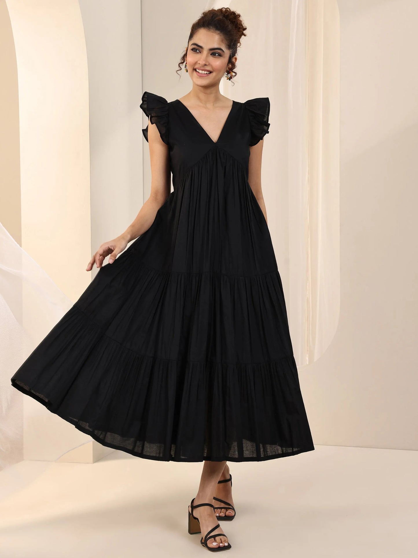 Black Solid Cotton Fit and Flare One Piece Dress