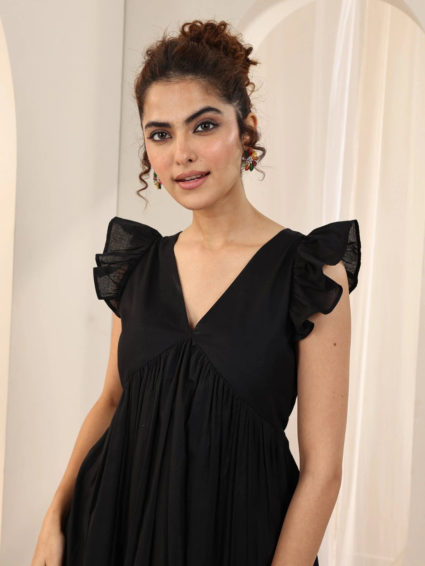 Black Solid Cotton Fit and Flare One Piece Dress