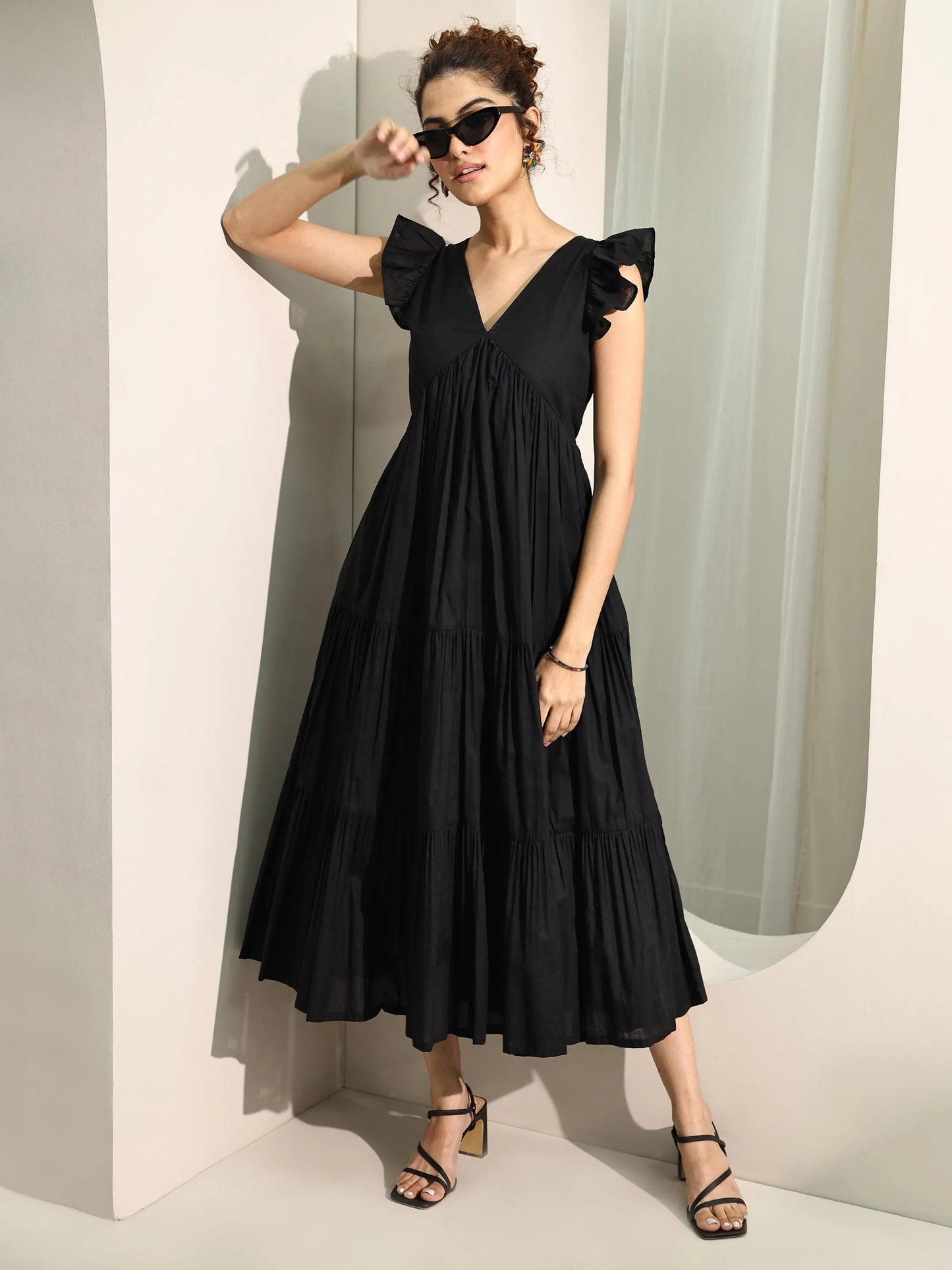 Black Solid Cotton Fit and Flare One Piece Dress