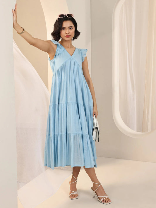 Blue Solid Cotton Fit and Flare One Piece Dress