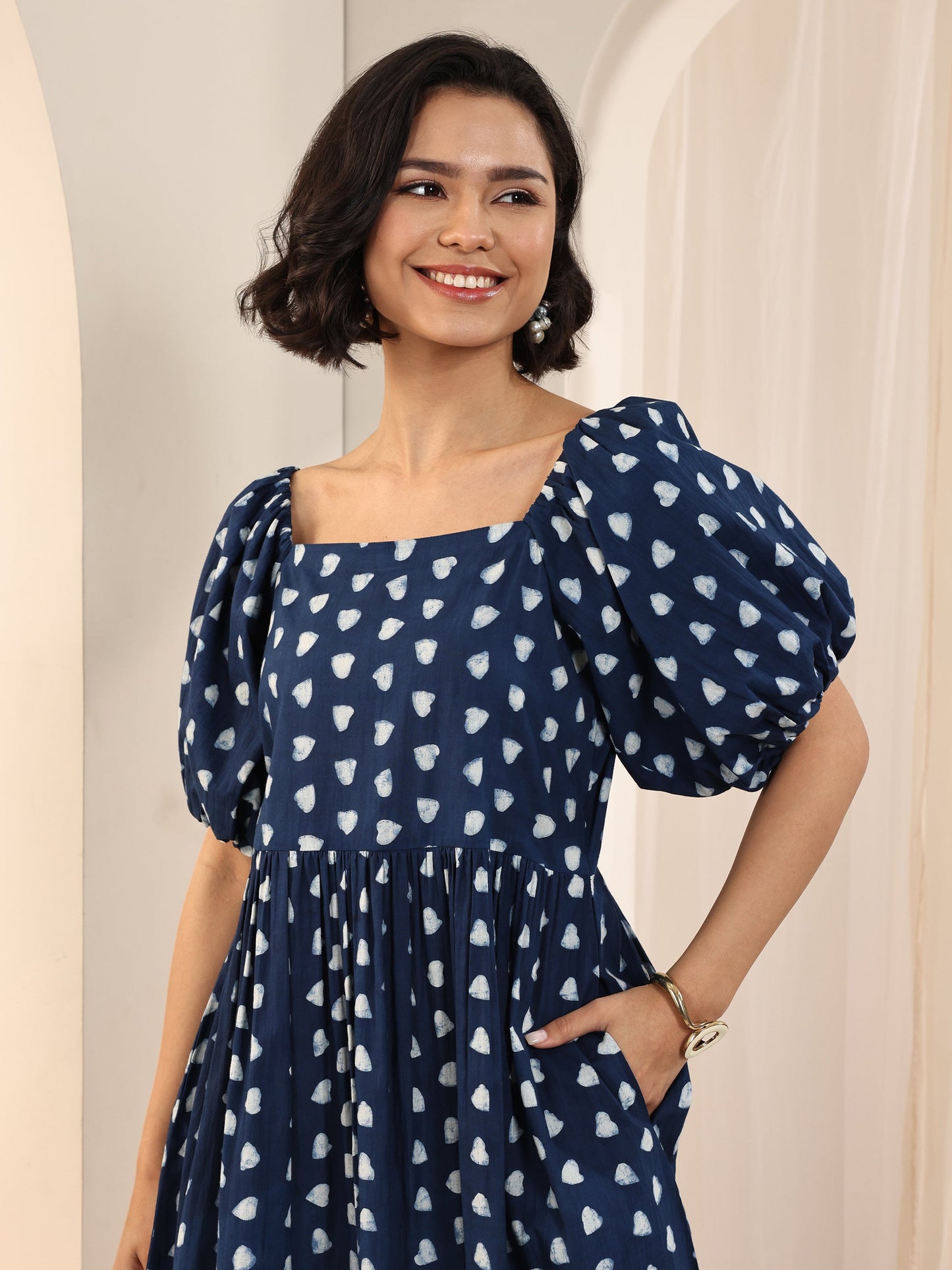 Indigo Printed Cotton Fit and Flare One Piece Dress