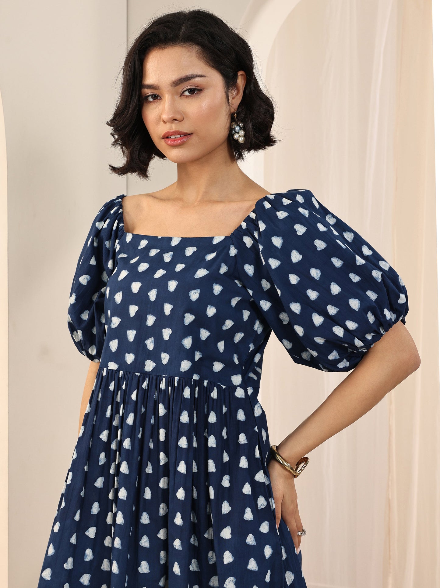 Indigo Printed Cotton Fit and Flare One Piece Dress