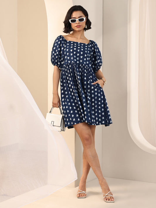 Indigo Printed Cotton Fit and Flare One Piece Dress