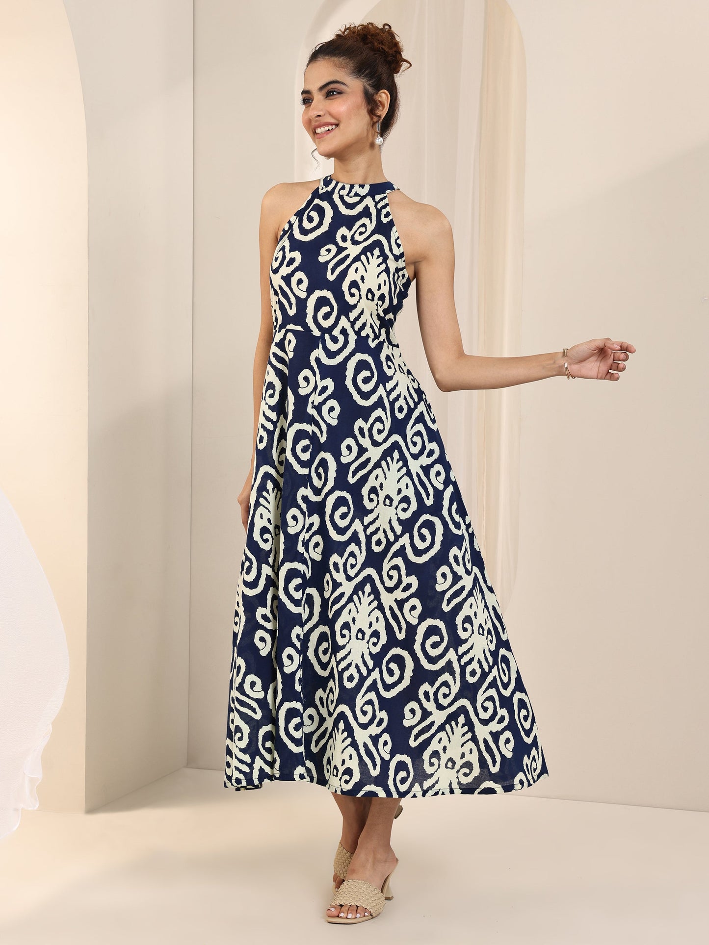 Indigo Printed Cotton A-Line One Piece Dress