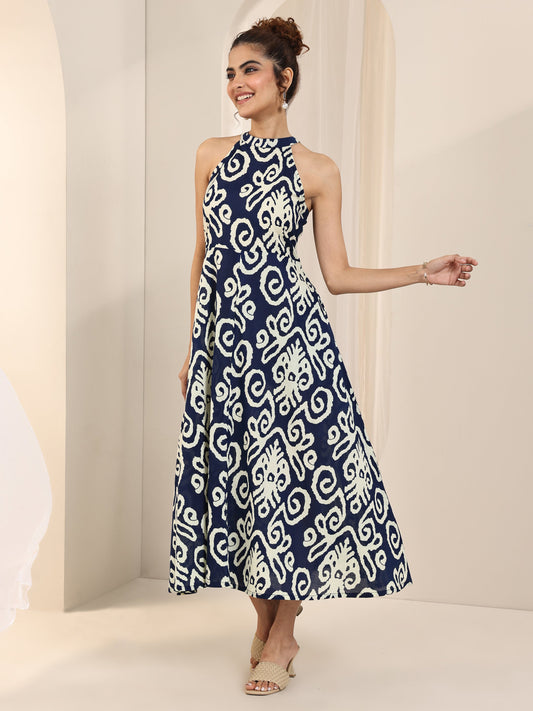 Indigo Printed Cotton A-Line One Piece Dress