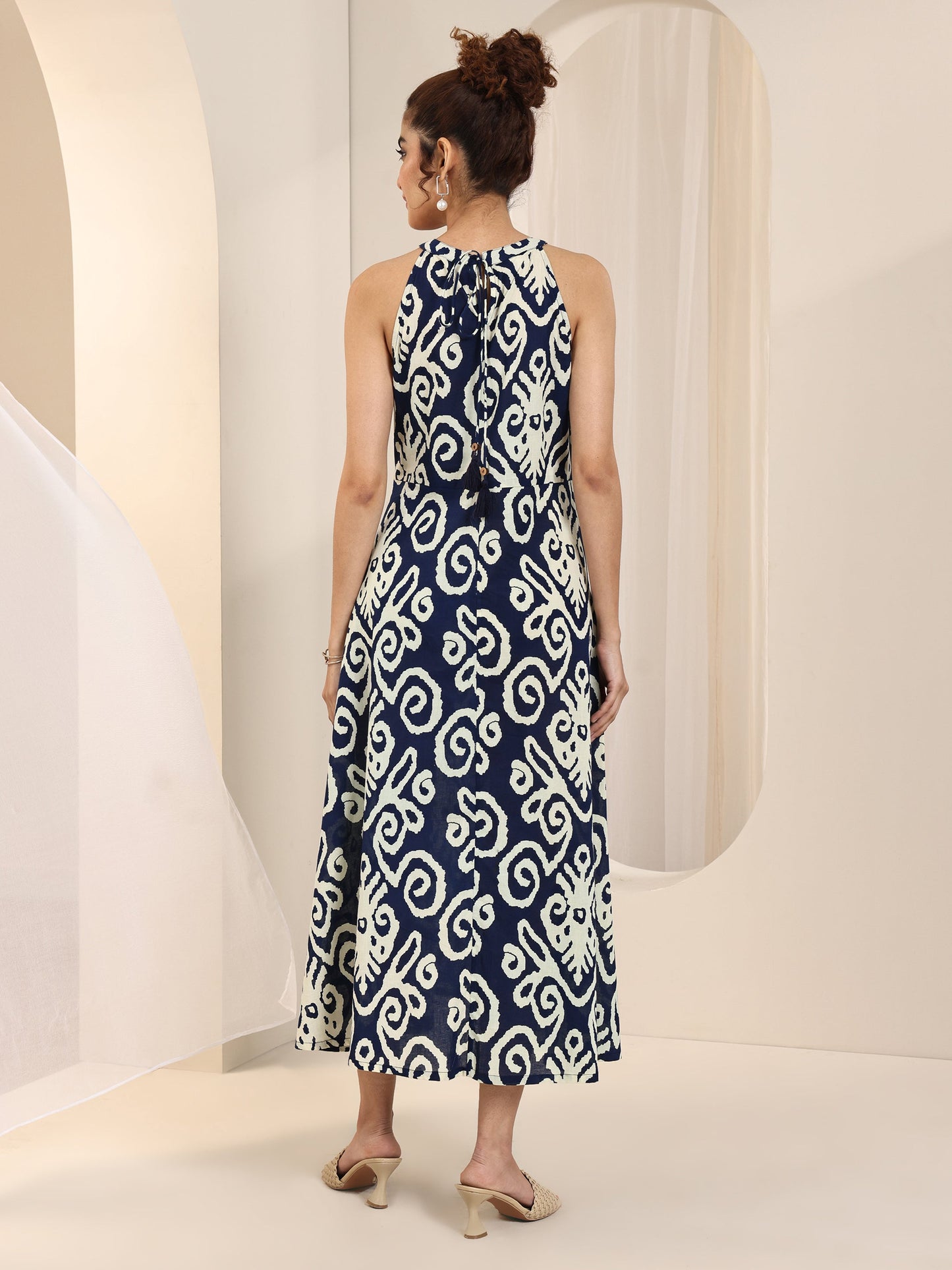 Indigo Printed Cotton A-Line One Piece Dress