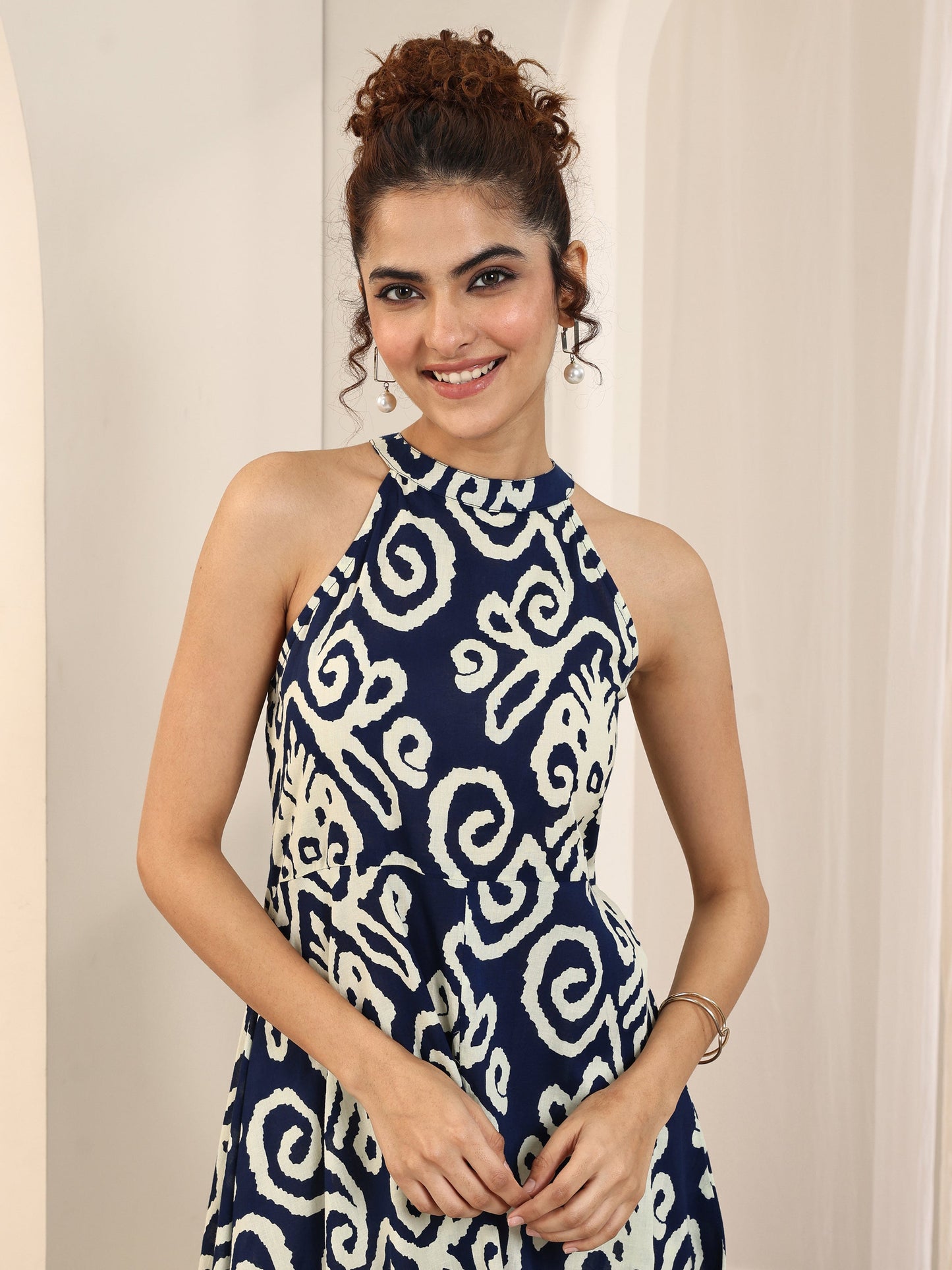 Indigo Printed Cotton A-Line One Piece Dress