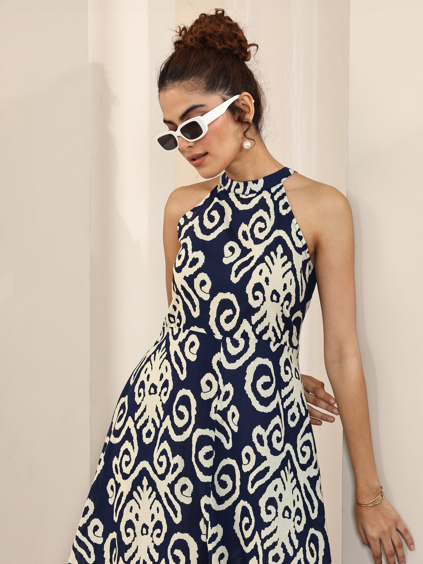 Indigo Printed Cotton A-Line One Piece Dress