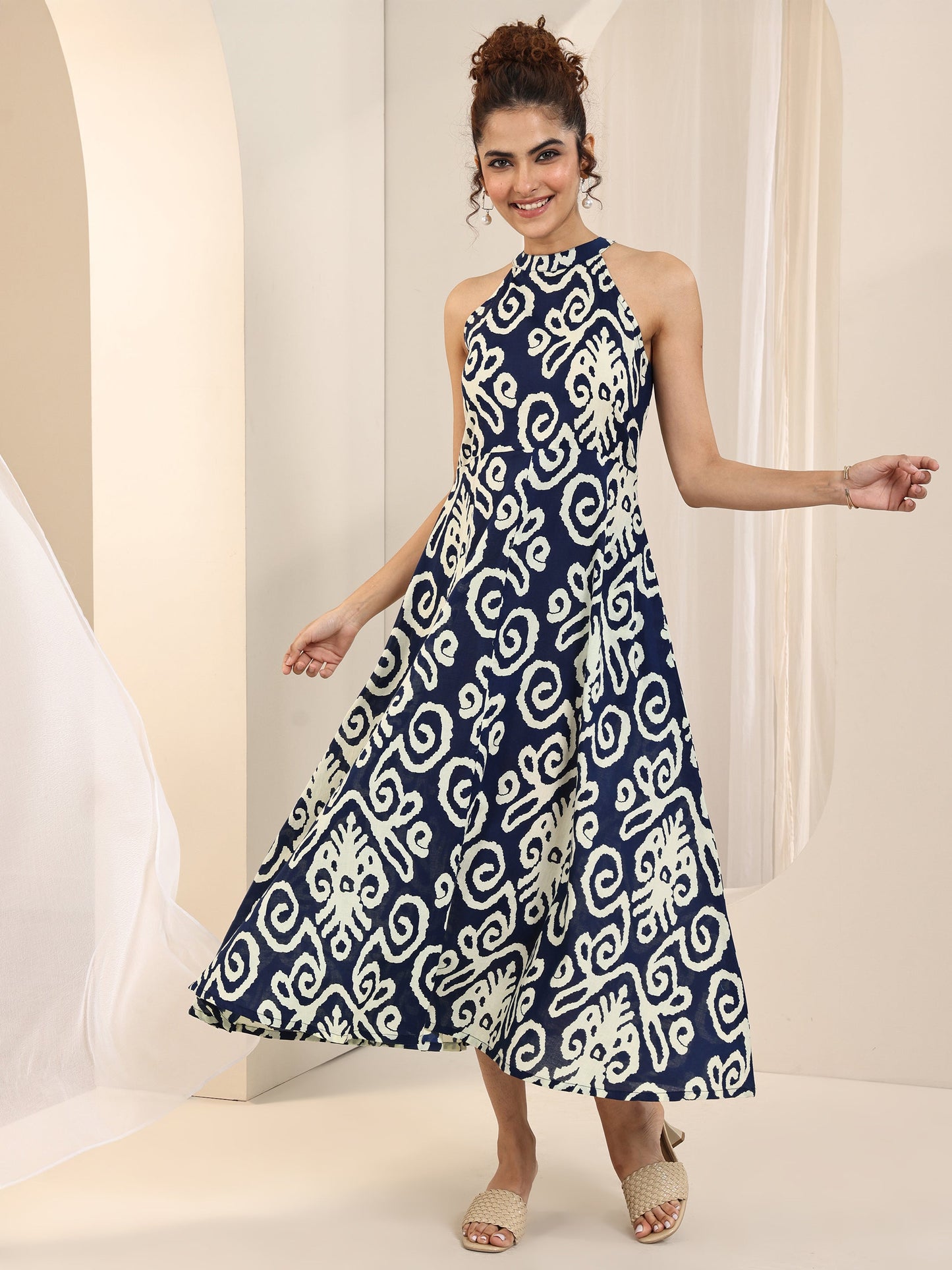 Indigo Printed Cotton A-Line One Piece Dress