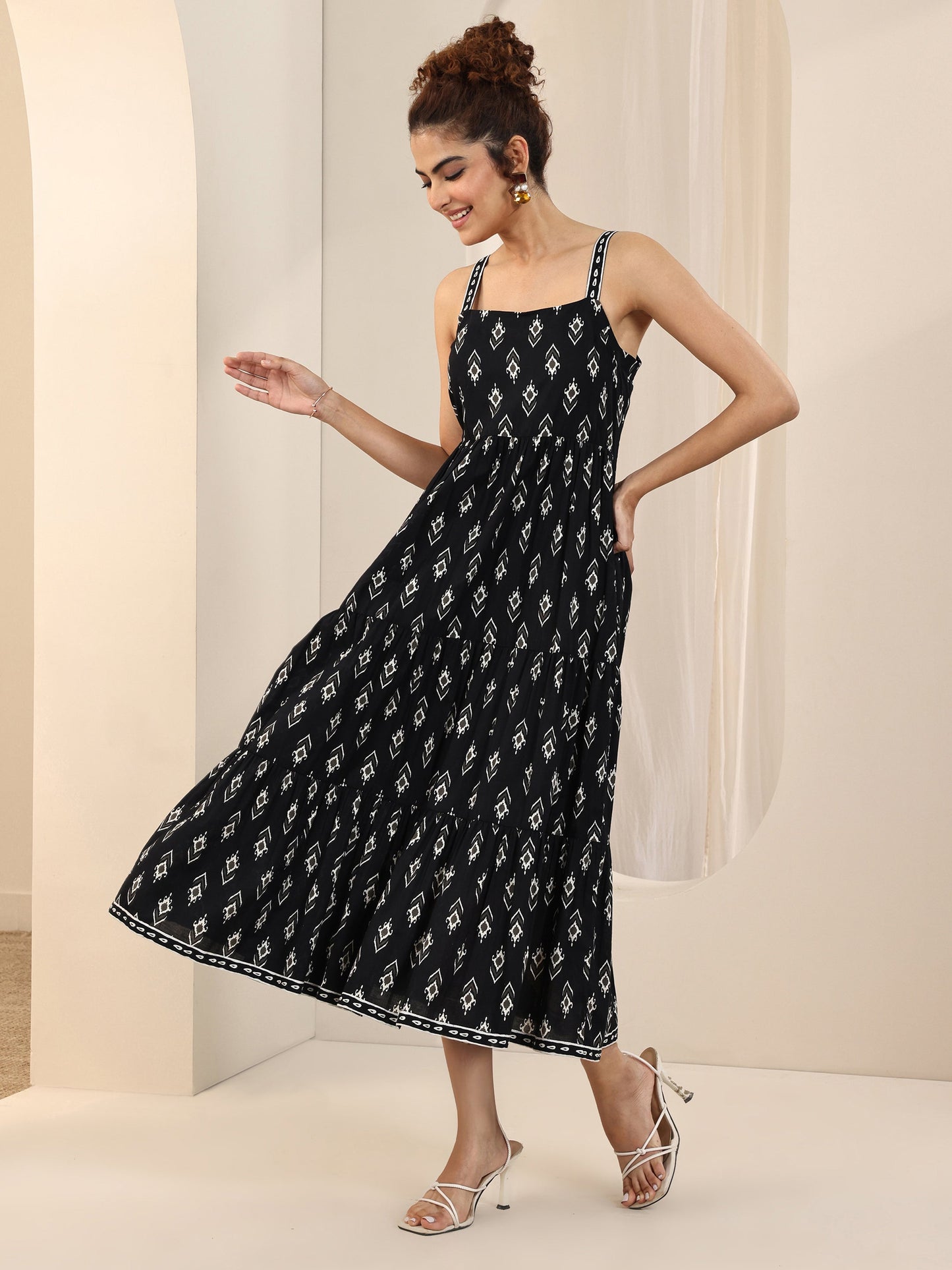 Black Printed Cotton Fit and Flare One Piece Dress