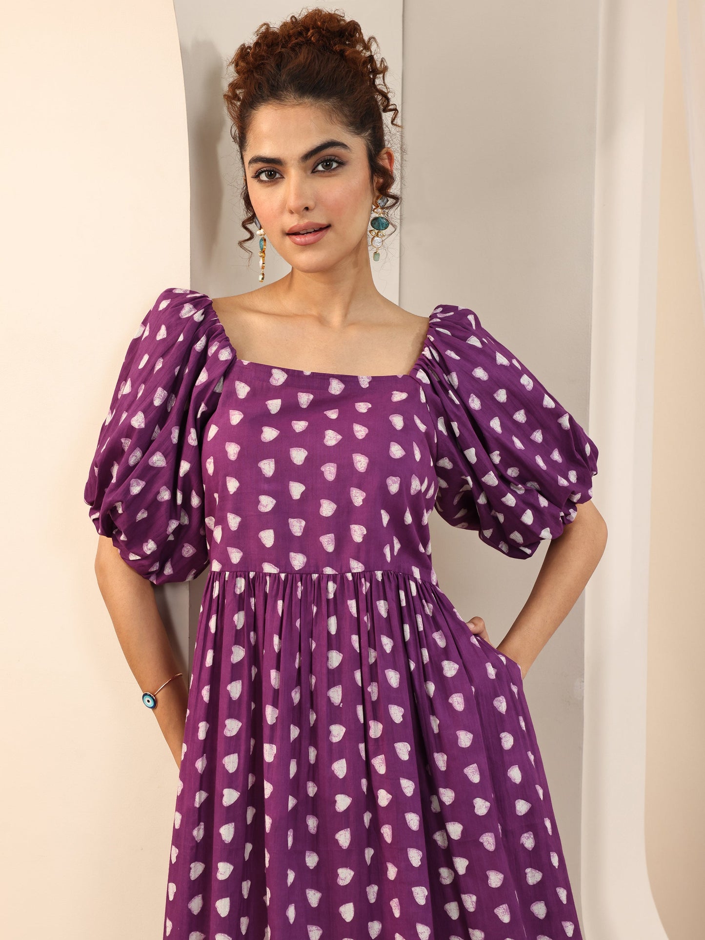 Purple Printed Cotton Fit and Flare One Piece Dress