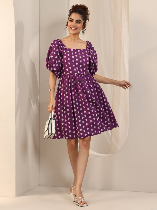 Purple Printed Cotton Fit and Flare One Piece Dress