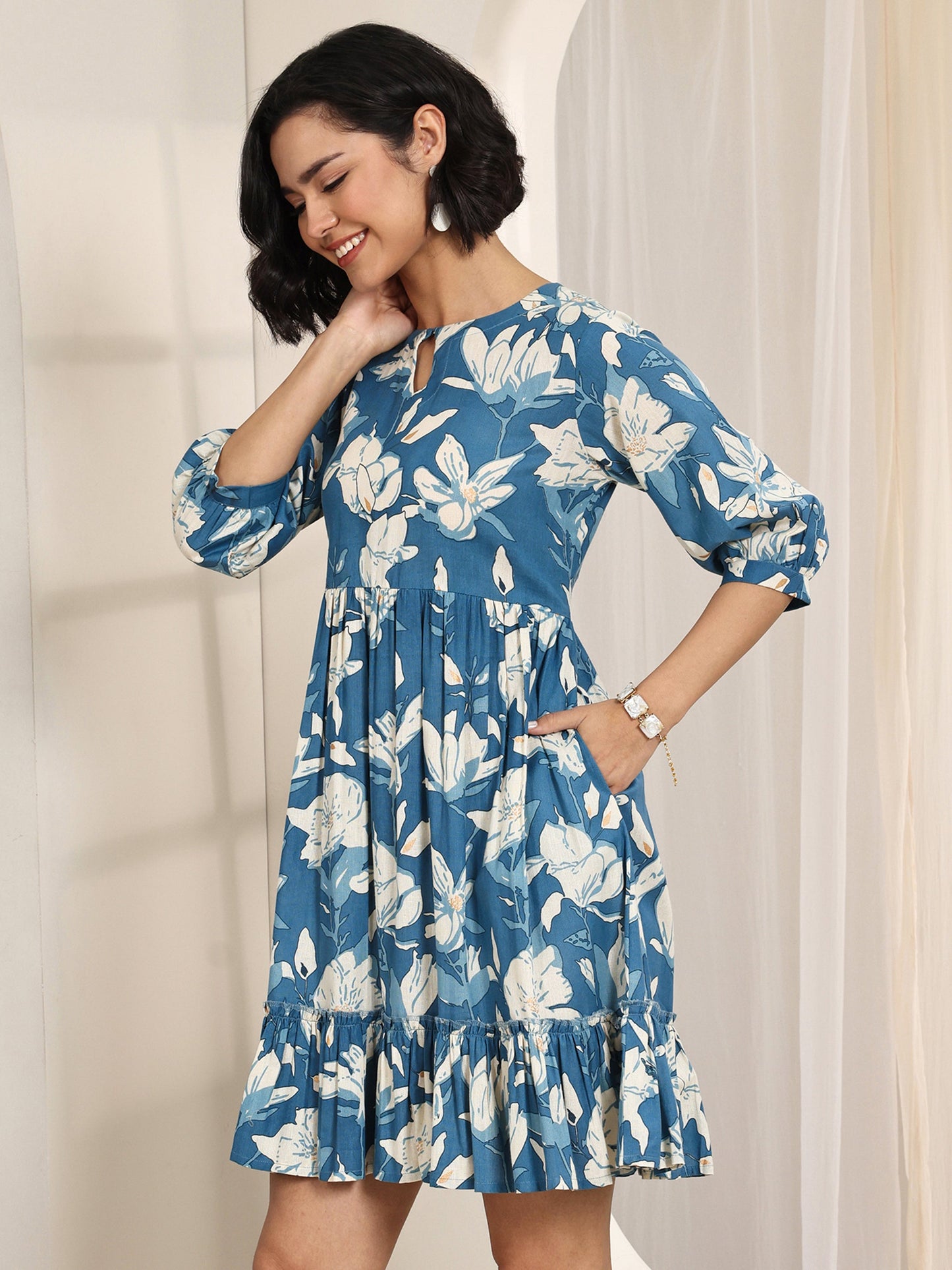 Blue Printed Cotton Fit and Flare One Piece Dress