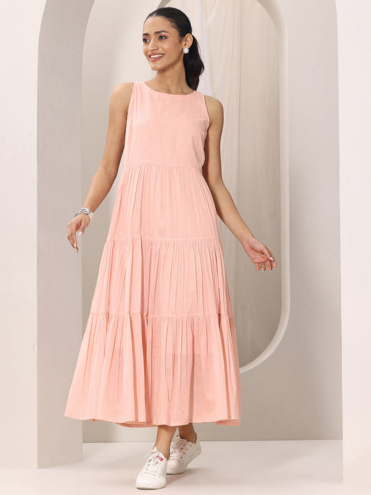Peach Solid Cotton Tiered Fit and Flare One Piece Dress