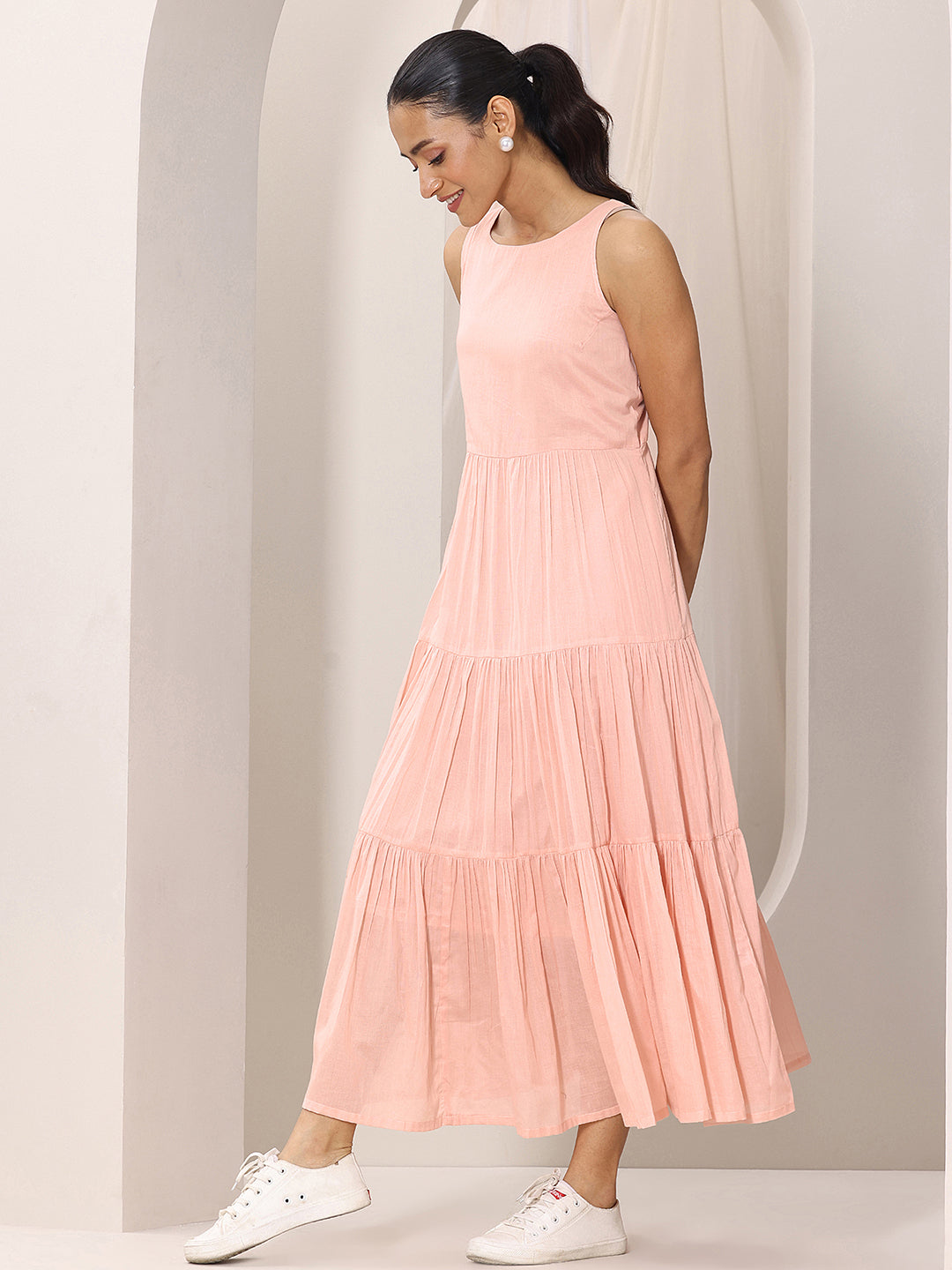 Peach Solid Cotton Tiered Fit and Flare One Piece Dress