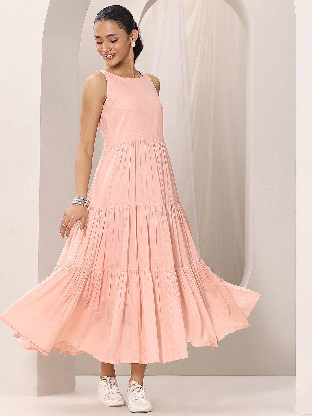 Peach Solid Cotton Tiered Fit and Flare One Piece Dress