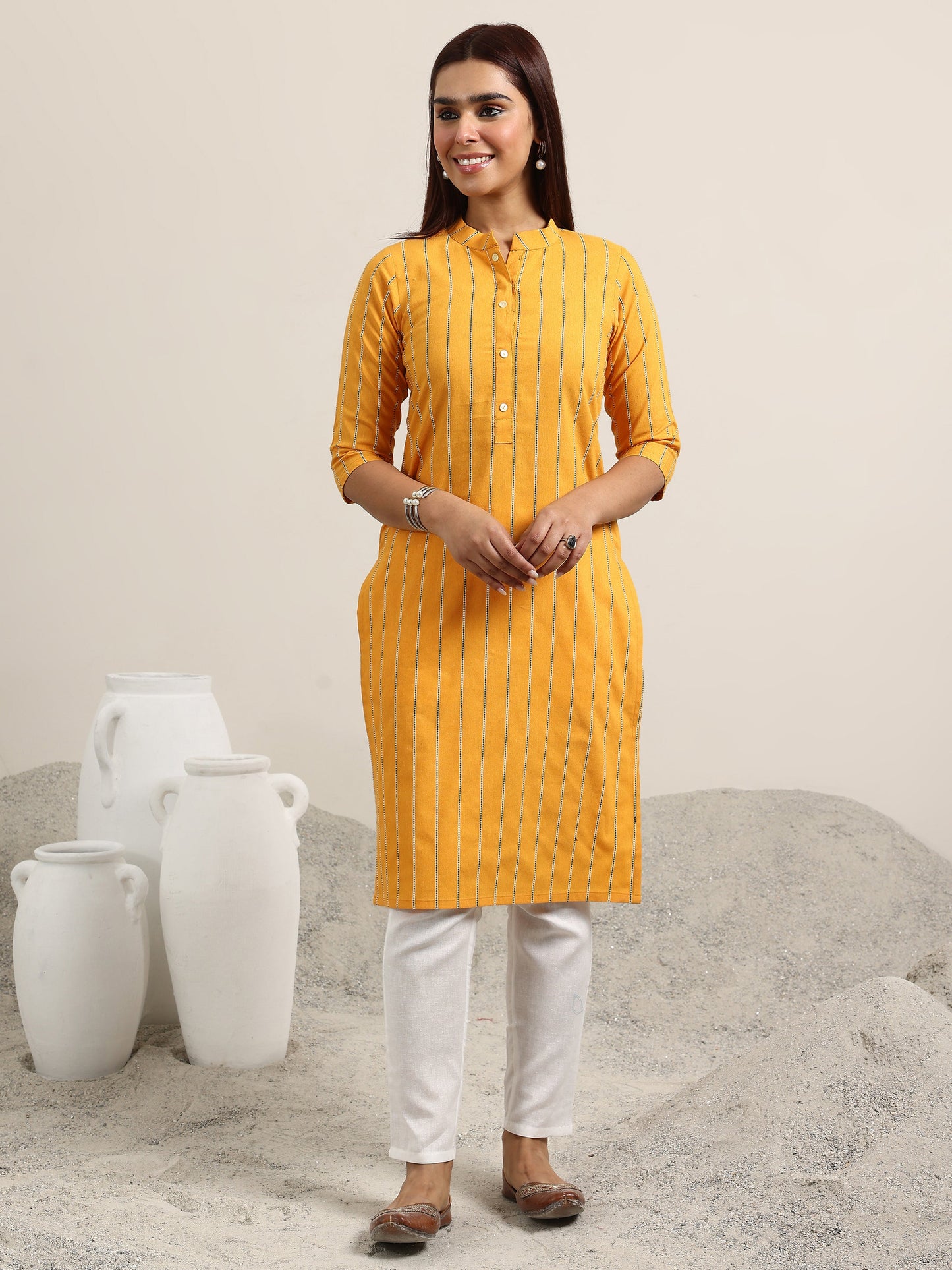 Mustard Striped Cotton Blend Straight Kurta