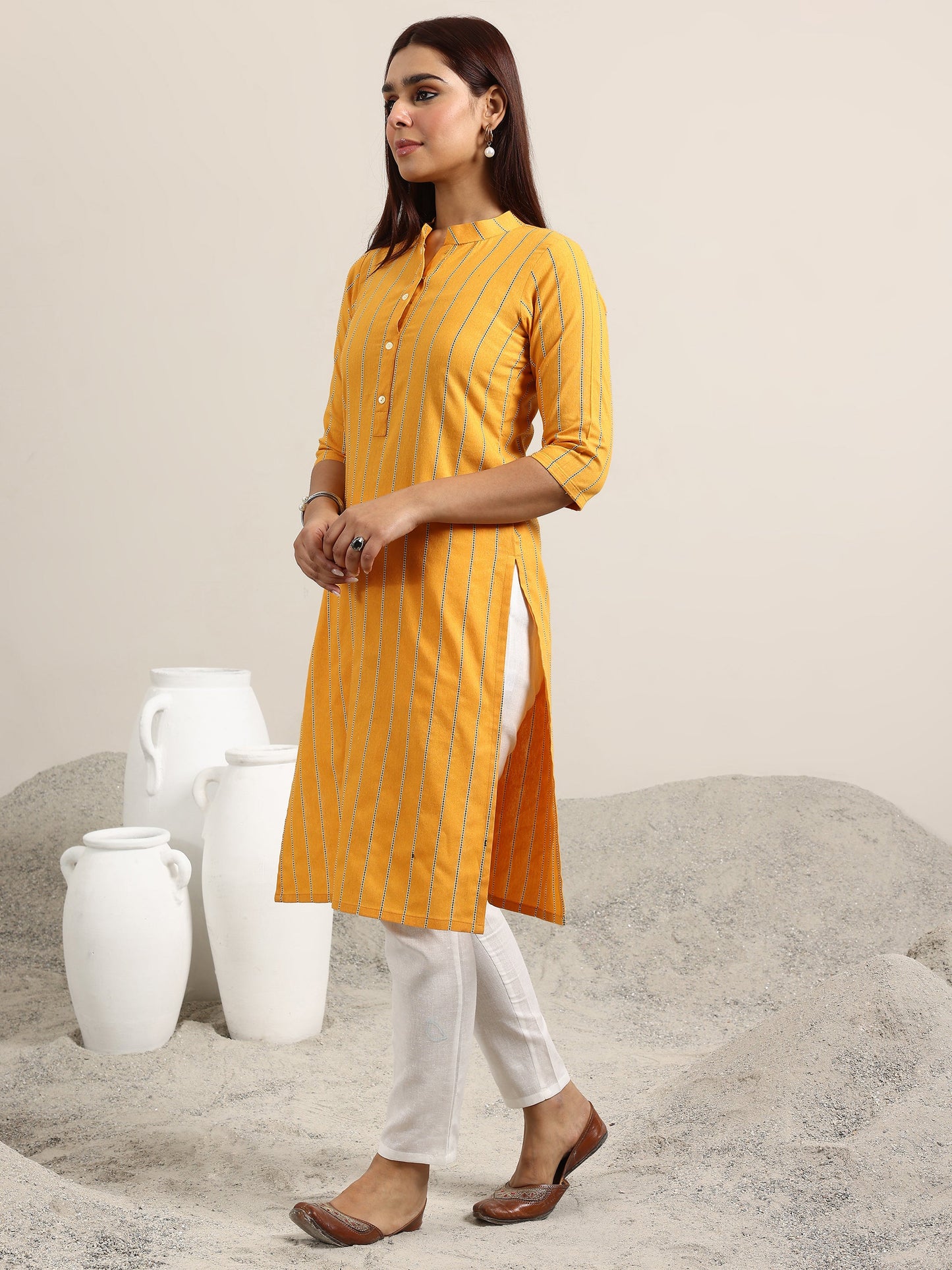 Mustard Striped Cotton Blend Straight Kurta