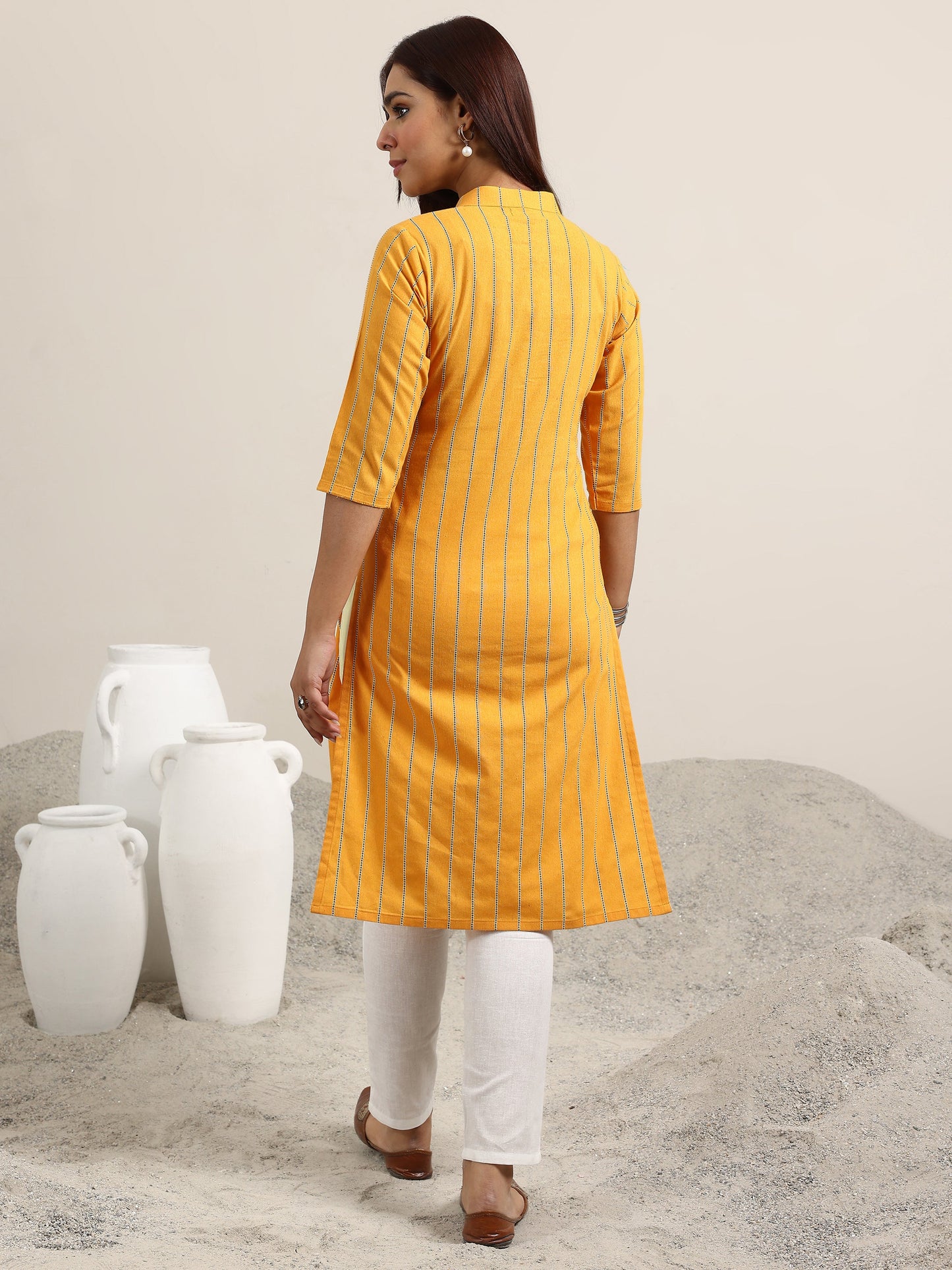 Mustard Striped Cotton Blend Straight Kurta