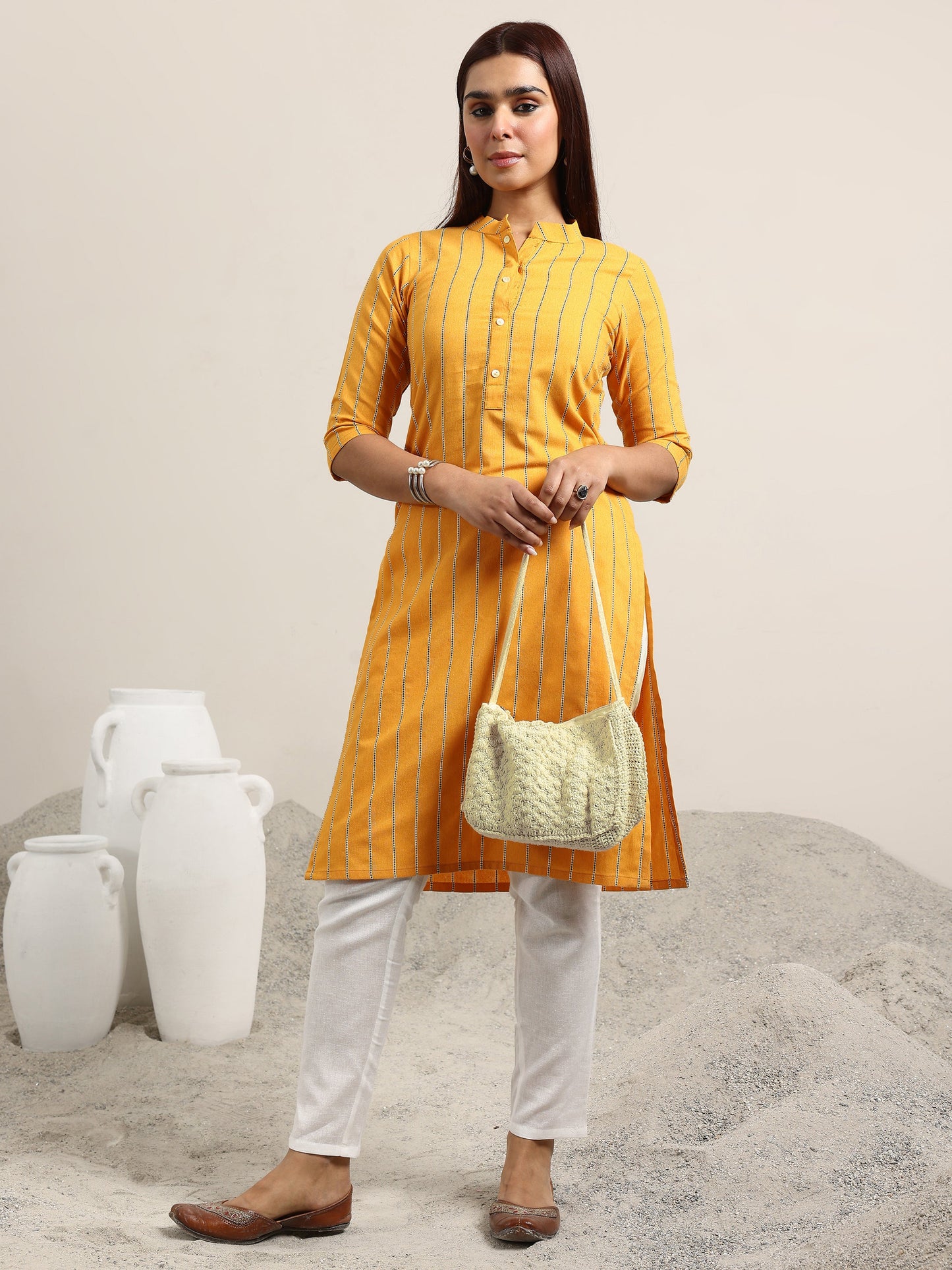 Mustard Striped Cotton Blend Straight Kurta