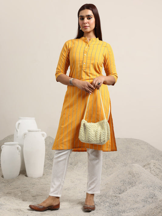 Mustard Striped Cotton Blend Straight Kurta