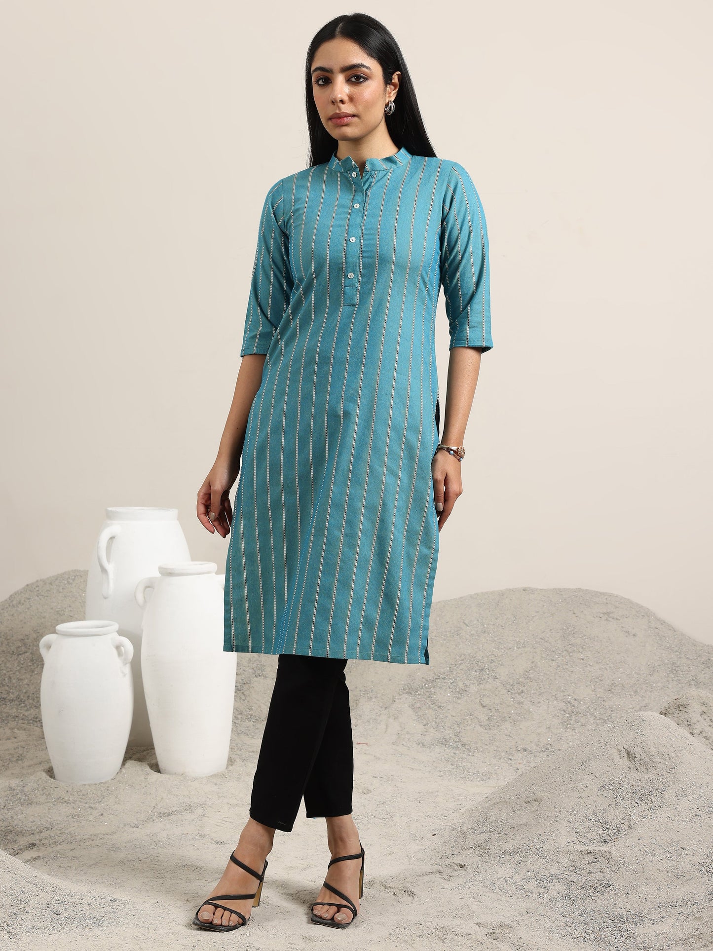 Blue Woven Design Cotton Blend Straight Kurta