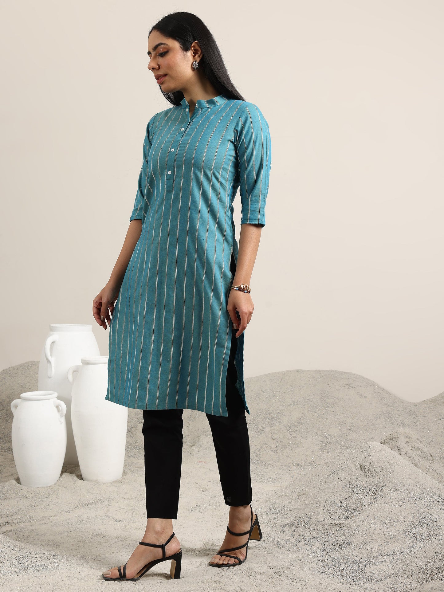 Blue Woven Design Cotton Blend Straight Kurta