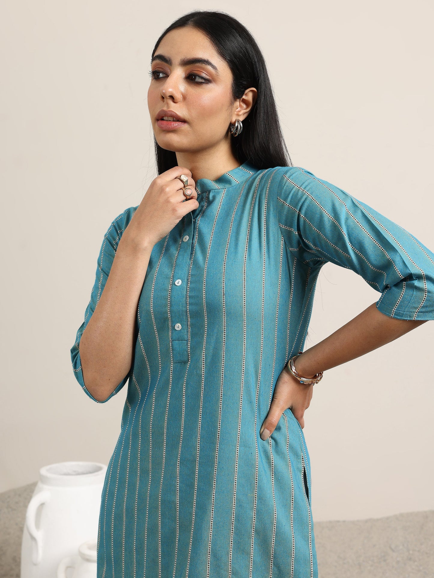 Blue Woven Design Cotton Blend Straight Kurta