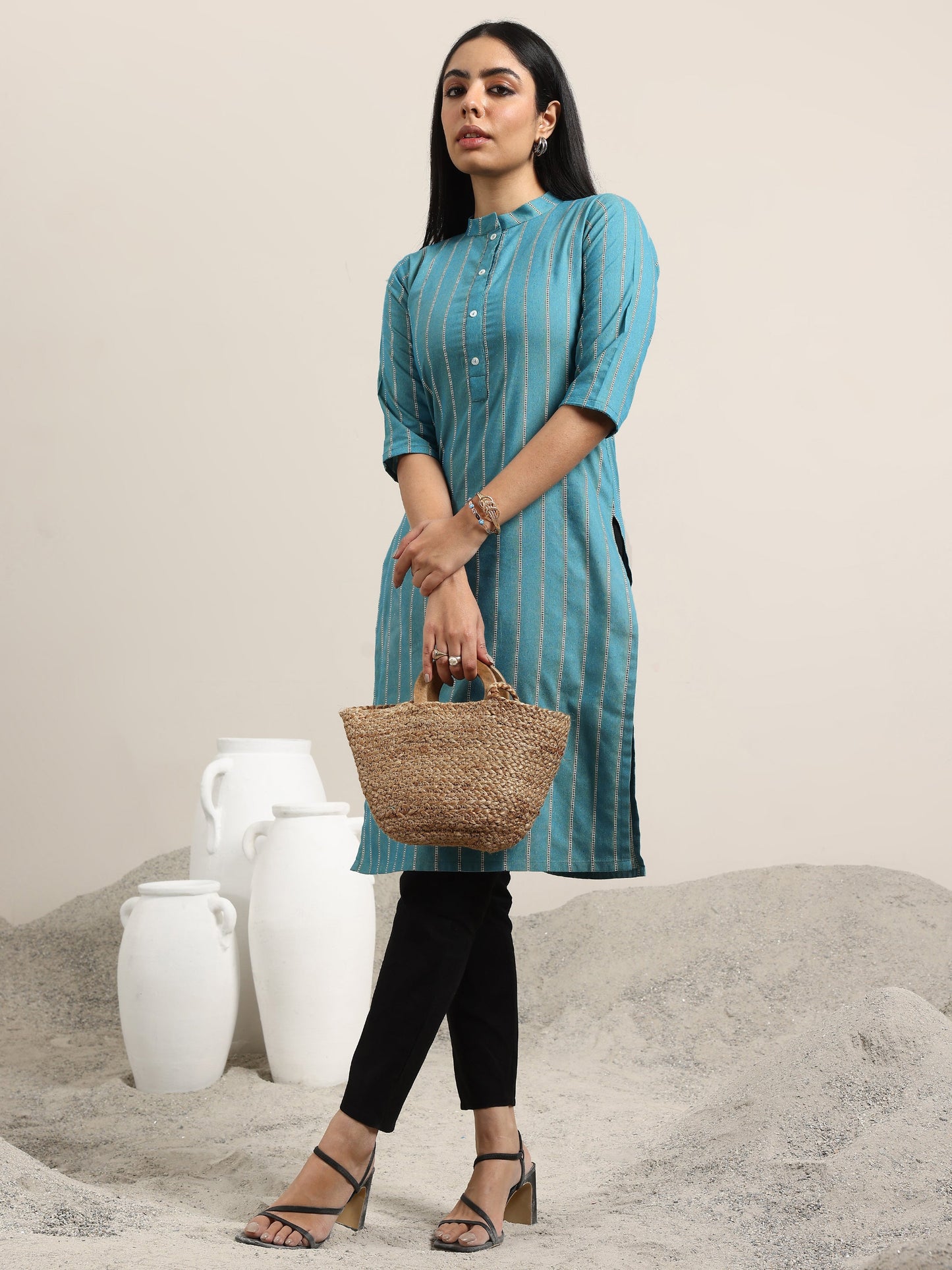 Blue Woven Design Cotton Blend Straight Kurta