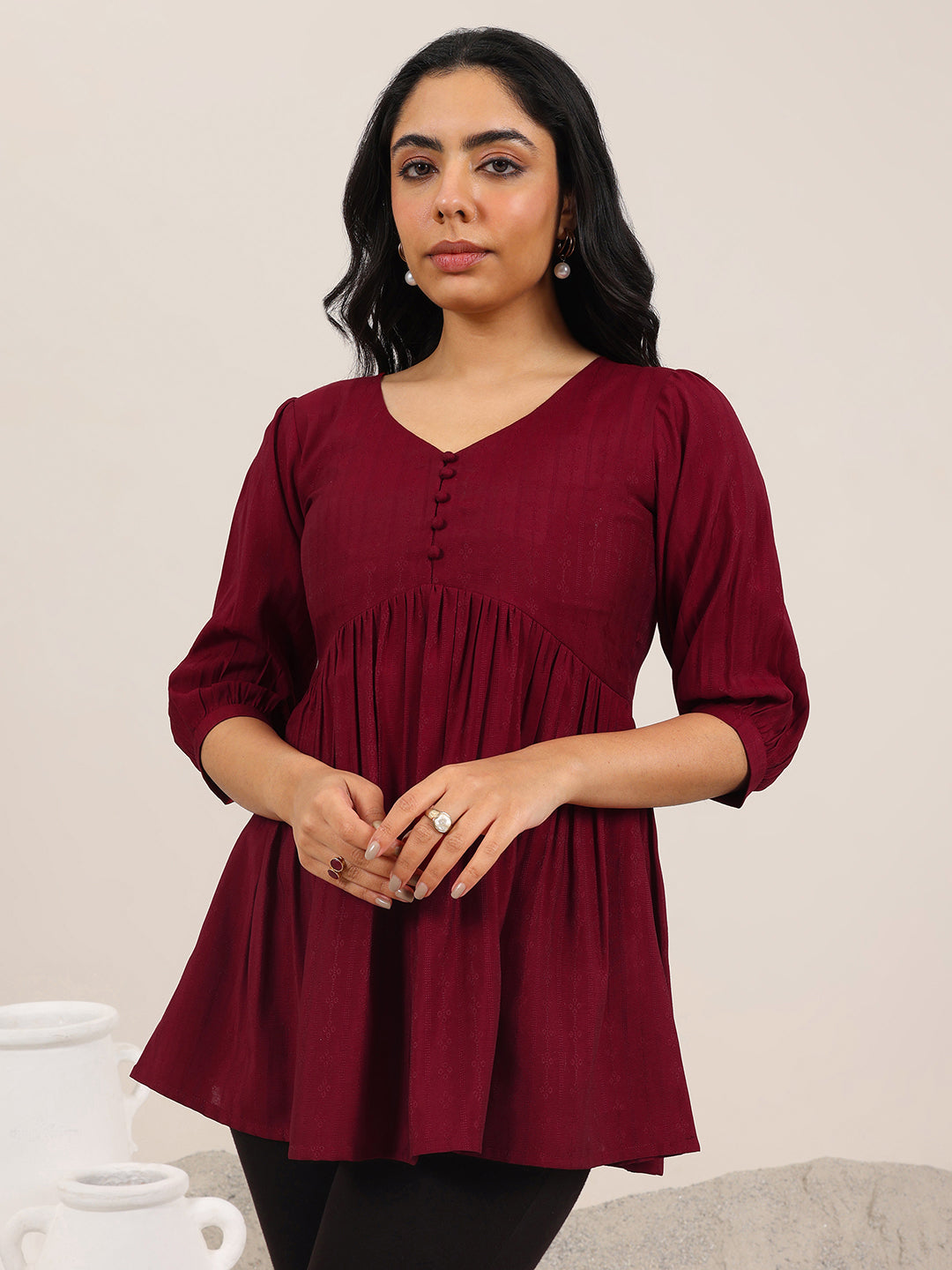 Maroon Solid Silk Blend Anarkali Short Kurti