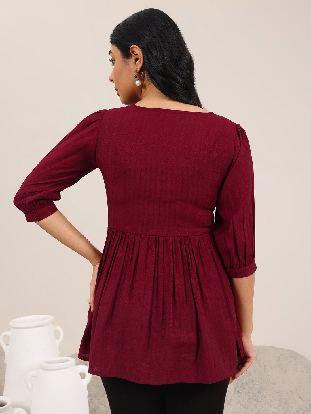 Maroon Solid Silk Blend Anarkali Short Kurti