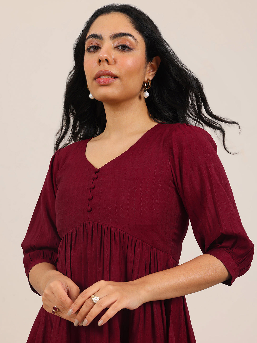 Maroon Solid Silk Blend Anarkali Short Kurti