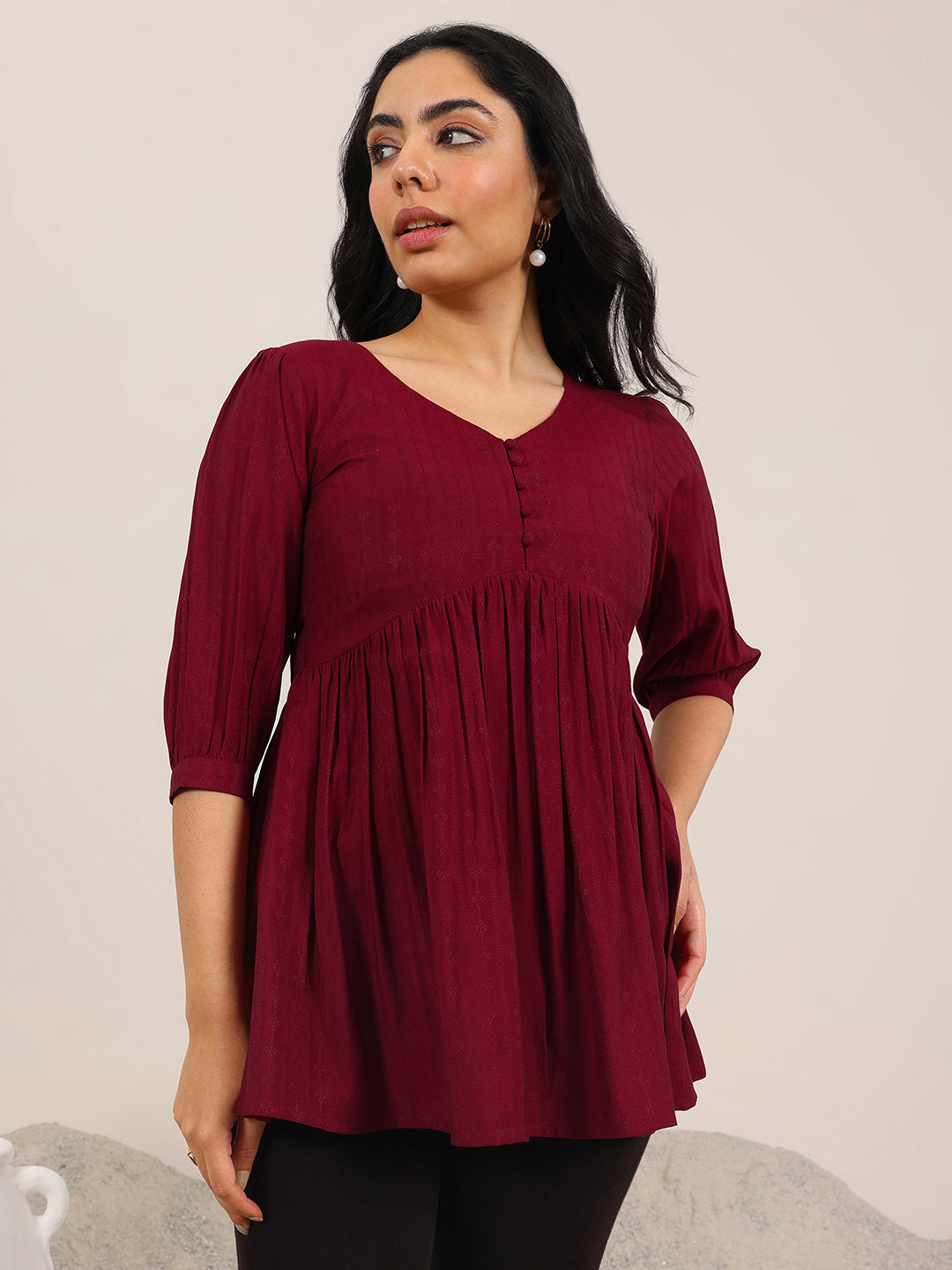 Maroon Solid Silk Blend Anarkali Short Kurti