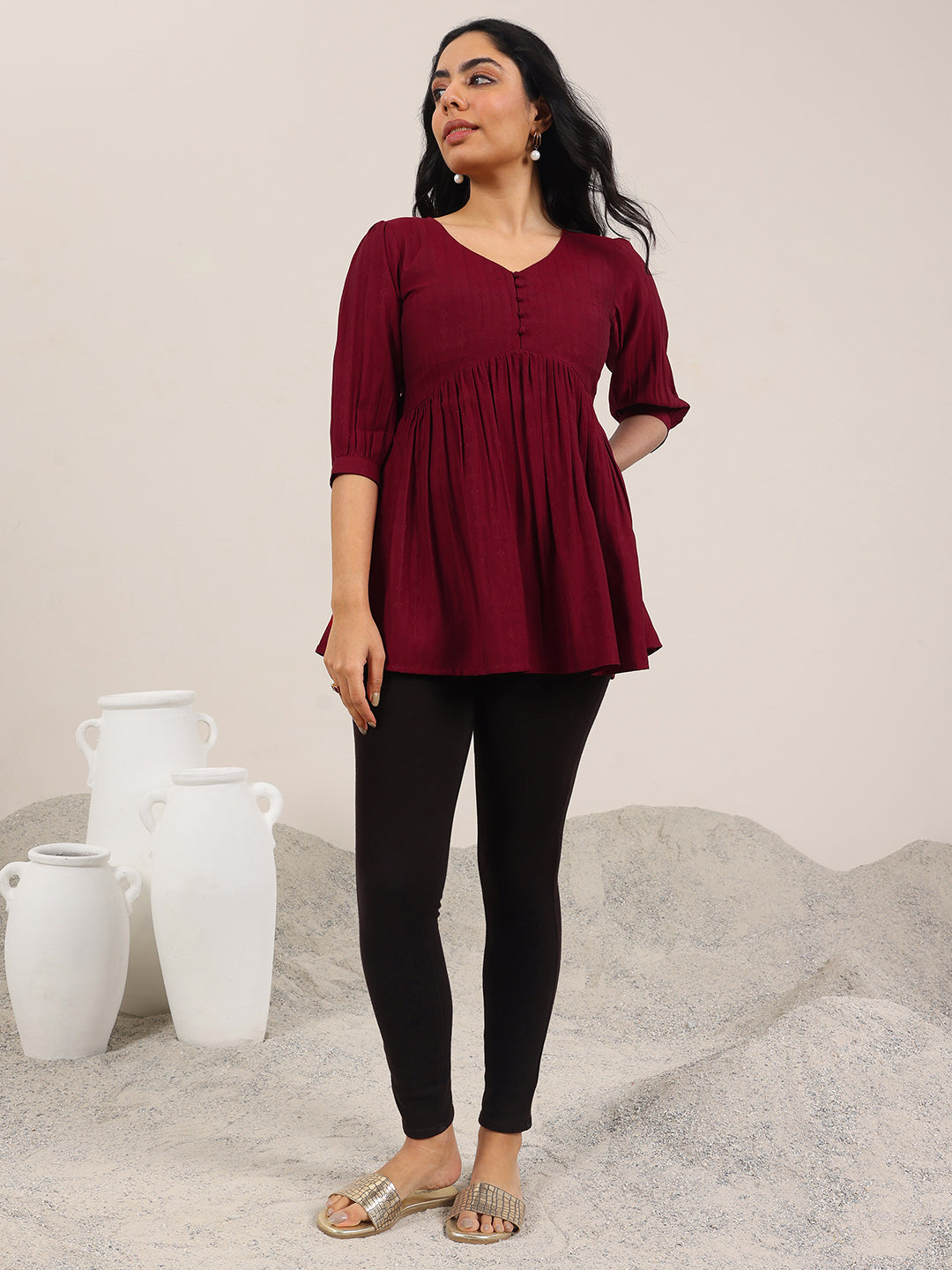 Maroon Solid Silk Blend Anarkali Short Kurti